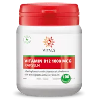 Produktbild von Bewertung VITALS VITAMIN B12 1000 MCG Kapseln METHYL- UND ADENOSYLCOBALAMIN BIOLOGISCH AKTIVE FORMEN Zellteilung Blutbildung Energiestoffwechsel Homocystein-Stoffwechsel Immunsystem Psyche Müdigkeit Nervensystem Artikelnummer V2917