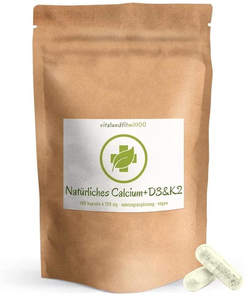 Produktbild von vitalundfitmit100 - Natürliches Calcium D3 & K2 180 Kapseln à 709 mg - 100% vegan/rein - glutenfrei/laktosefrei - ohne Hilfs- und Zusatzstoffe - MADE IN GERMANY