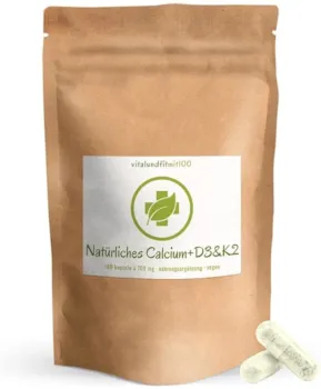 Produktbild von vitalundfitmit100 - Natürliches Calcium D3 & K2 180 Kapseln à 709 mg - 100% vegan/rein - glutenfrei/laktosefrei - ohne Hilfs- und Zusatzstoffe - MADE IN GERMANY