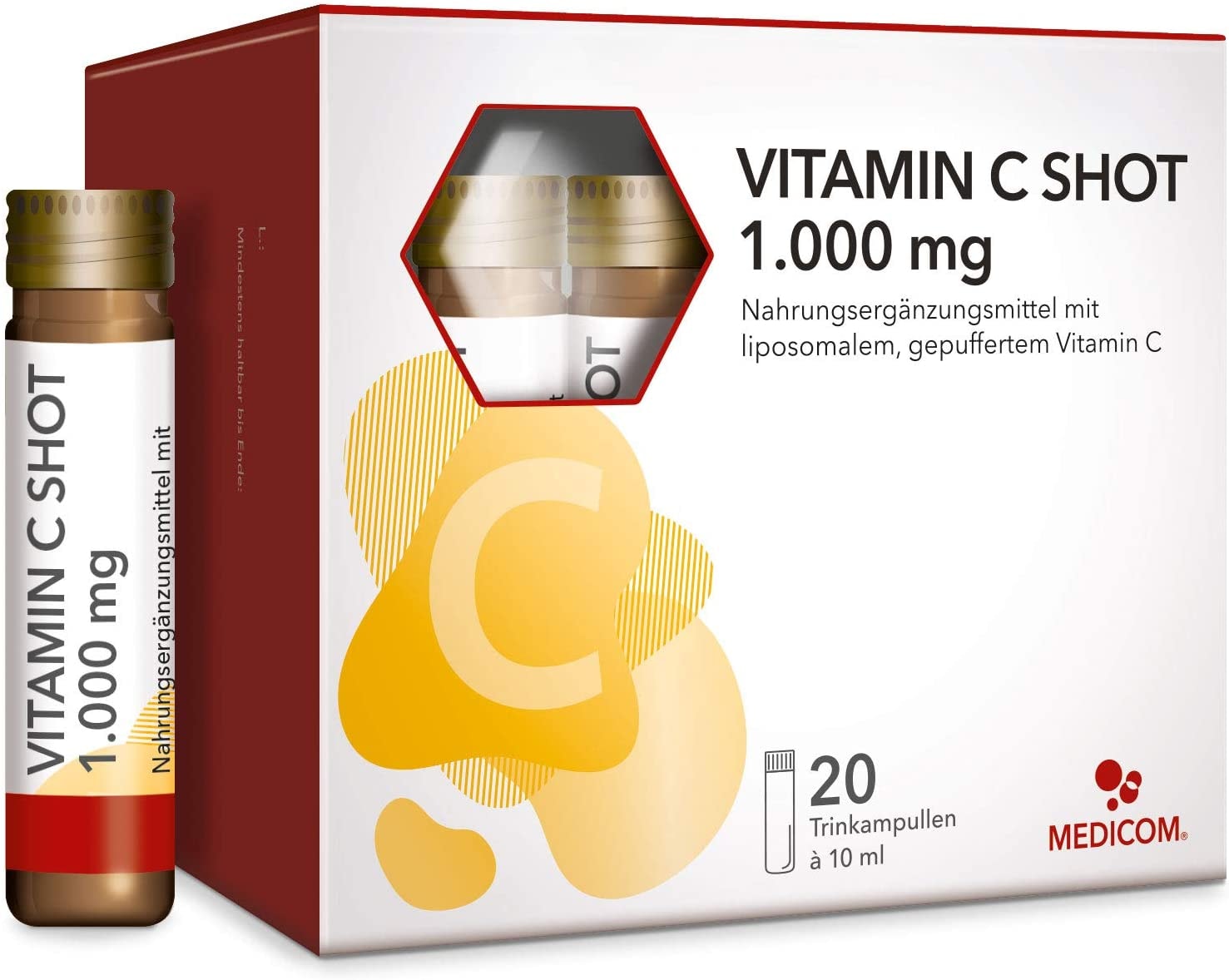 Produktbild von MEDICOM Vitamin C Trinkampulle hochdosiert 1.000 mg - liposomales, gepuffertes Vitamin C, hohe Bioverfügbarkeit, sehr gut verträglich, direkt - für das Immunsystem - VEGAN