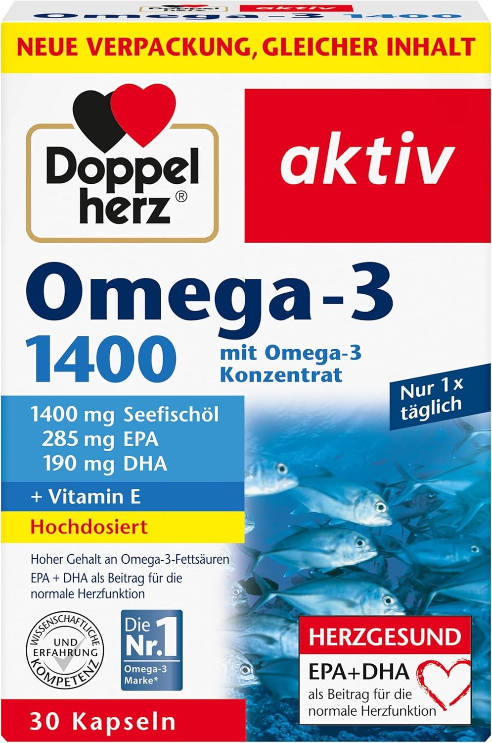 Produktbild von Bewertung Doppelherz Omega-3 1400 Hochdosiertes Omega-3 Konzentrat plus Vitamin E - Hoher Gehalt an Omega-3-Fettsäuren EPA & DHA - 30 Kapseln