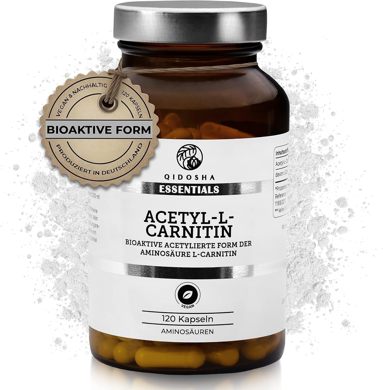 Produktbild von Bewertung QIDOSHA Acetyl L Carnitin Kapseln bioaktiv erhöhte Bioverfügbarkeit 120 Kapseln Glas Acetyl L Carnitin 500mg vegan bioaktive acetylierte Form der Aminosäure L-Carnitin in Deutschland produziert