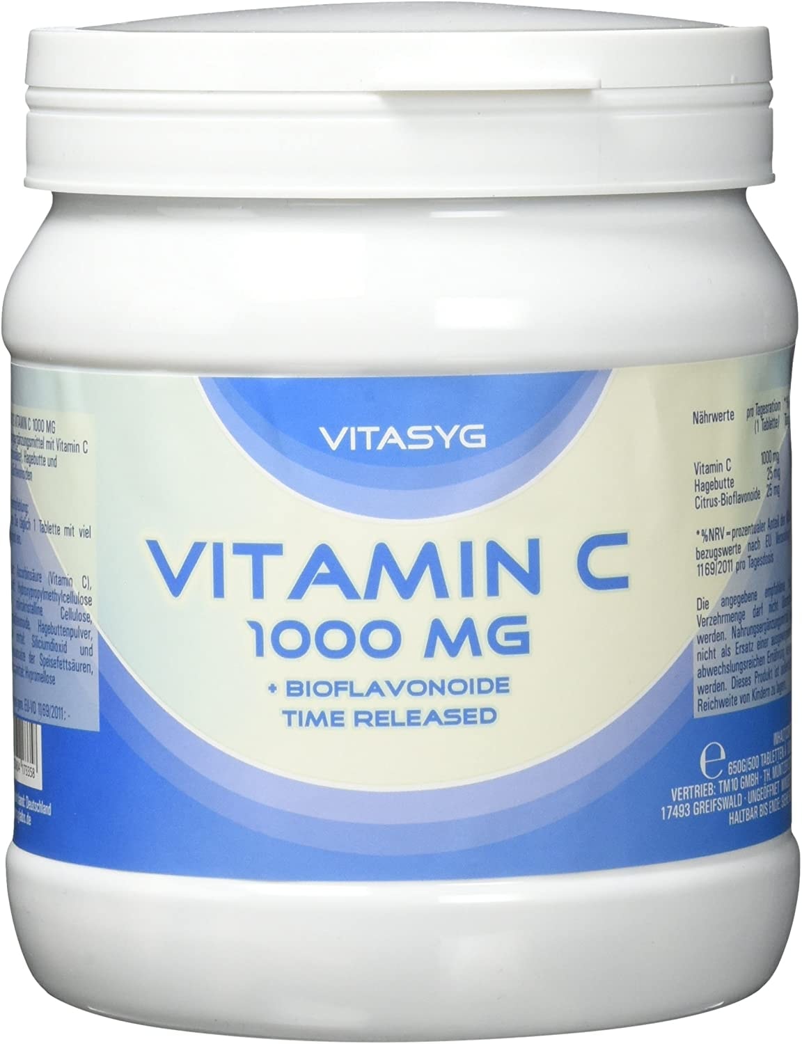 Produktbild von Vitasyg Vitamin C 1000 mg plus Bioflavonoide, für Immunsystem, Haut, Zähne und Knorpel - 500 Tabletten