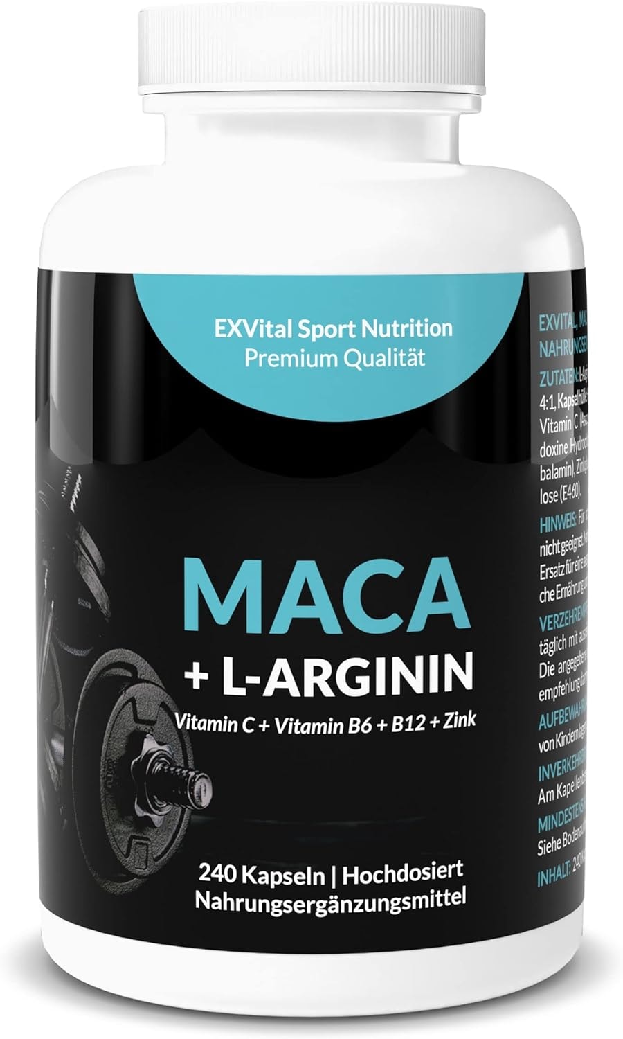 Produktbild von Bewertung EXVital Maca Kapseln 1000 mg L-Arginin 1800 mg Vitamine Zink hochdosiert 2-Monatspackung mit 240 Kapseln in deutscher Premiumqualität von EXVital