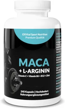 Produktbild von Bewertung EXVital Maca Kapseln 1000 mg L-Arginin 1800 mg Vitamine Zink hochdosiert 2-Monatspackung mit 240 Kapseln in deutscher Premiumqualität von EXVital