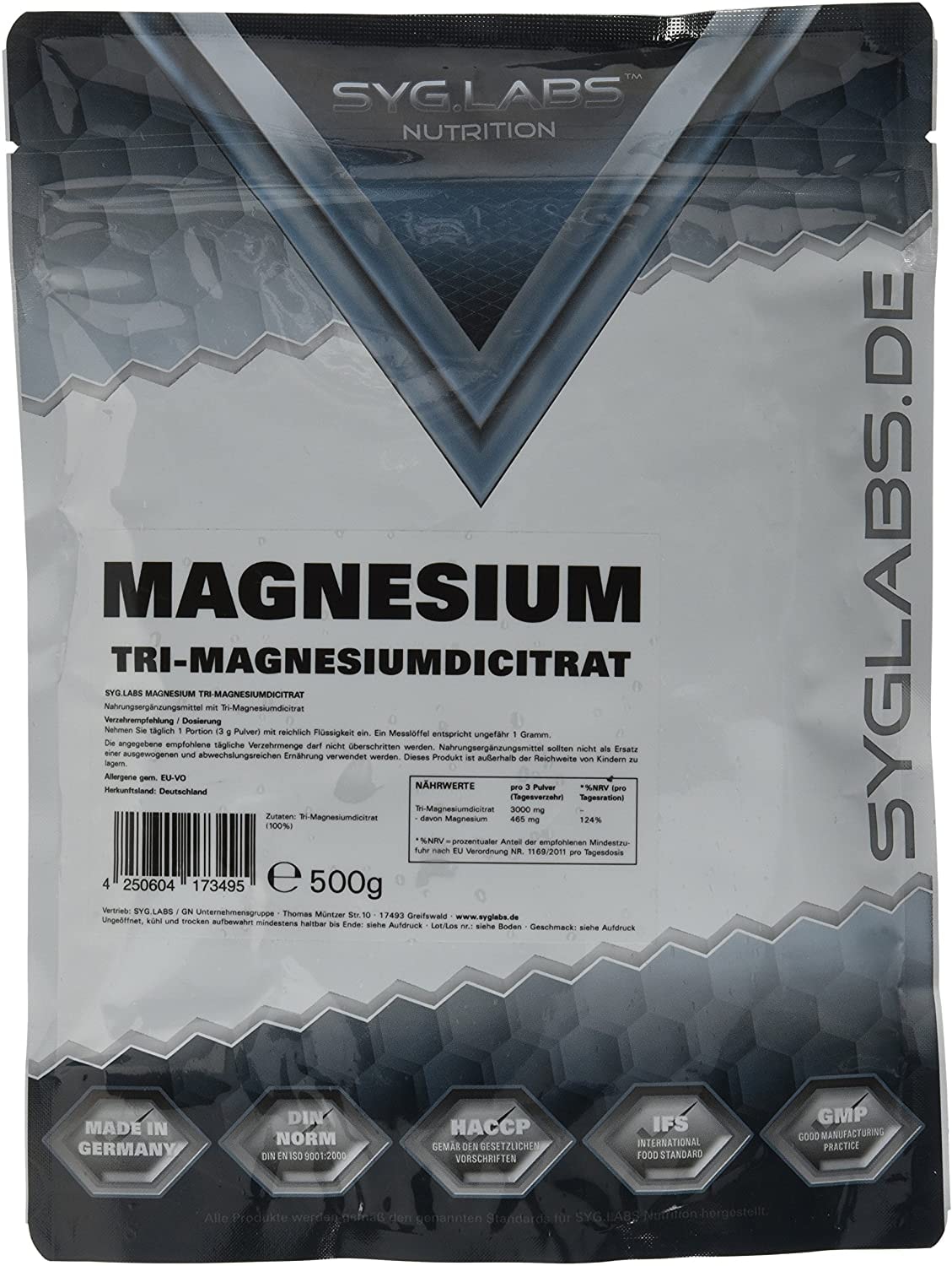 Produktbild von Syglabs Nutrition Magnesium Citrat Pulver - Trimagnesiumdicitrat - höchste Qualität, 1er Pack (1 x 500 g)