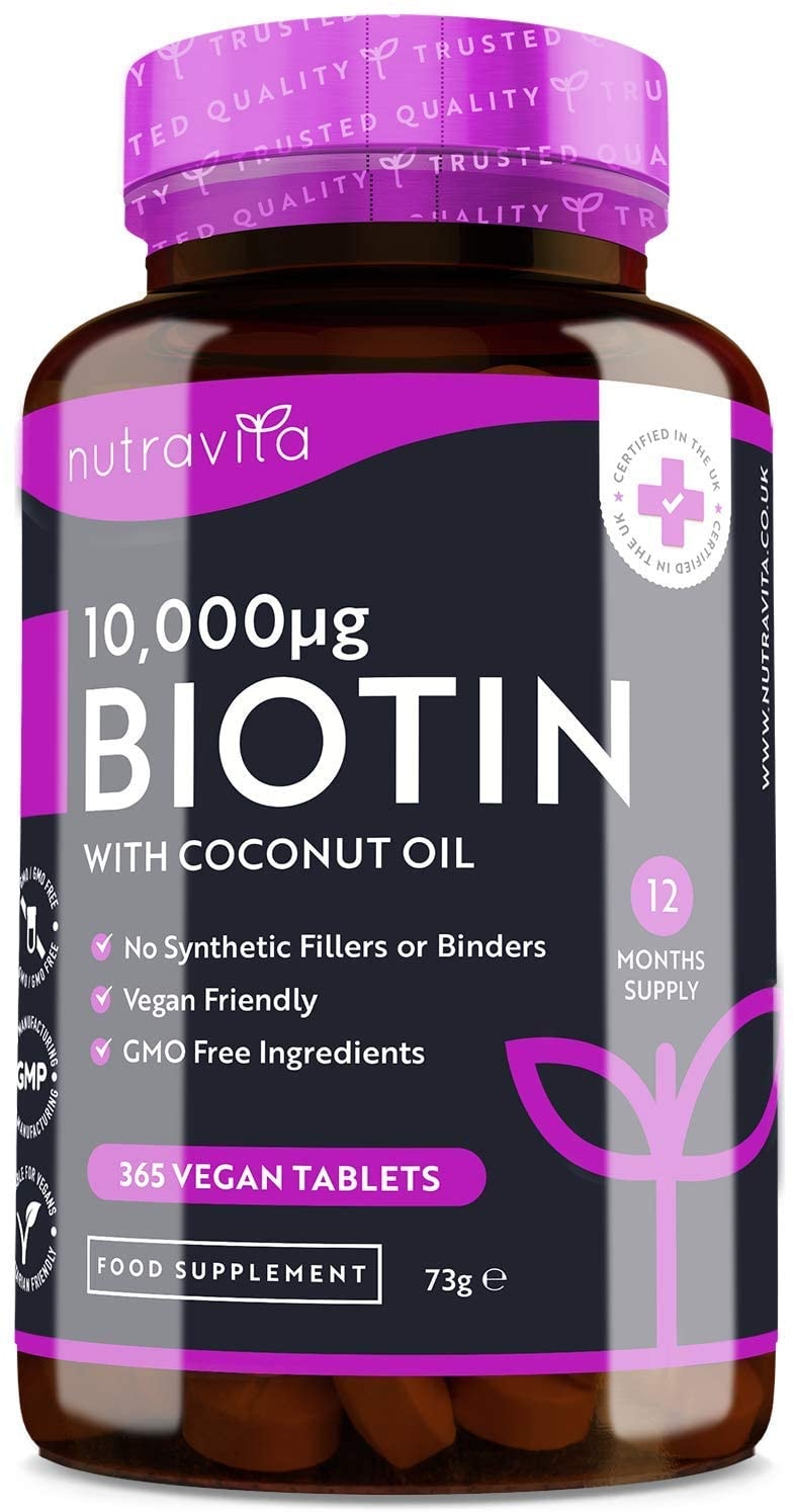 Nutravita Vitamin B7 Natürliches Biotin 10000 mcg mit reinem Kokosöl - 365 vegane Tabletten für 1 Jahr - Hochdosiert - Laborgetestet - Für Haare, Haut & Nägel - OHNE ZUSÄTZE