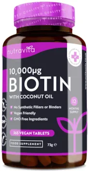 nutravita Vitamin B7 Natürliches Biotin 10000 mcg mit reinem Kokosöl 365 vegane Tabletten für 1 Jahr Hochdosiert Laborgetestet Für Haare, Haut & Nägel OHNE ZUSÄTZE