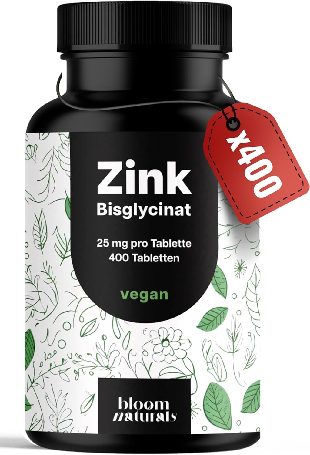 Produktbild von Bewertung Bloom Zink Tabletten hochdosiert 25mg 400 Tabletten hochdosiert mit Zink-Bisglycinat Vegan und produziert in Deutschland Laborgeprüft