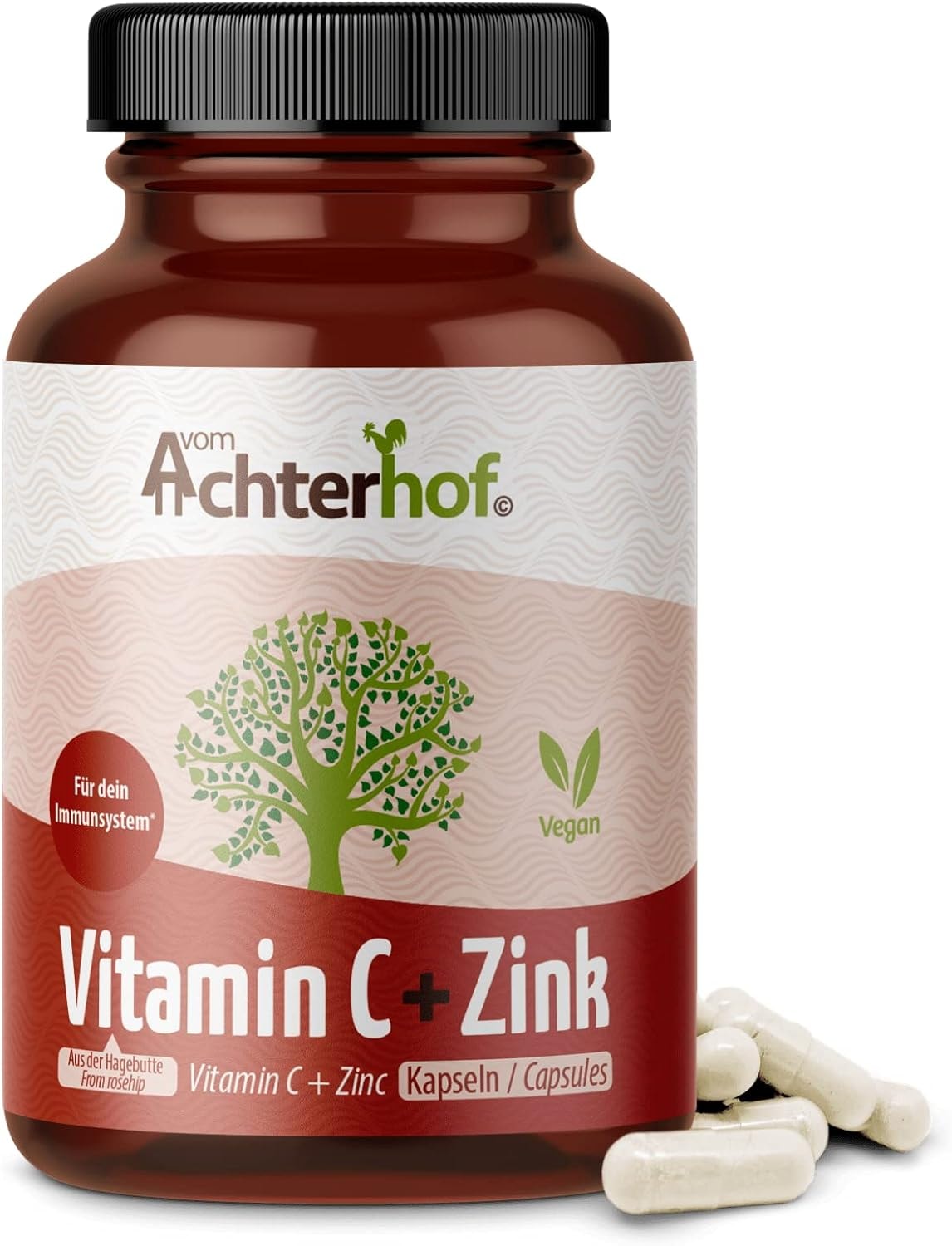 Produktbild von Bewertung Achterhof Vitamin C aus Hagebutte mit Zink 120 Kapseln hochdosiert mit 310mg Vitamin C und 10mg Zink mit natürlichem Vitamin C aus der Hagebutte vegan Immunschutzkombination