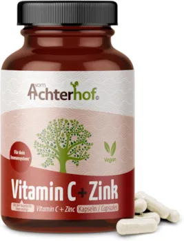 Produktbild von Bewertung Achterhof Vitamin C aus Hagebutte mit Zink 120 Kapseln hochdosiert mit 310mg Vitamin C und 10mg Zink mit natürlichem Vitamin C aus der Hagebutte vegan Immunschutzkombination