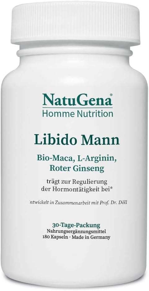 Produktbild von Bewertung NatuGena Libido Mann Bio Maca L-Arginin Roter Ginseng ausgewählte Pflanzenstoffe wie Bockshornklee und Tribulus ergänzt mit L-Arginin 180 Kapseln