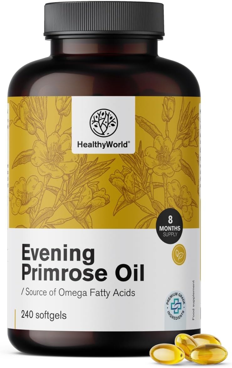 Produktbild von Bewertung HealthyWorld® Nachtkerzenöl 1000 mg 240 Weichkapseln natürliche Quelle für Omega-6 und Omega-9 Hoher GLA-Gehalt 8-monatiger Vorrat Gluten- und Laktosefrei
