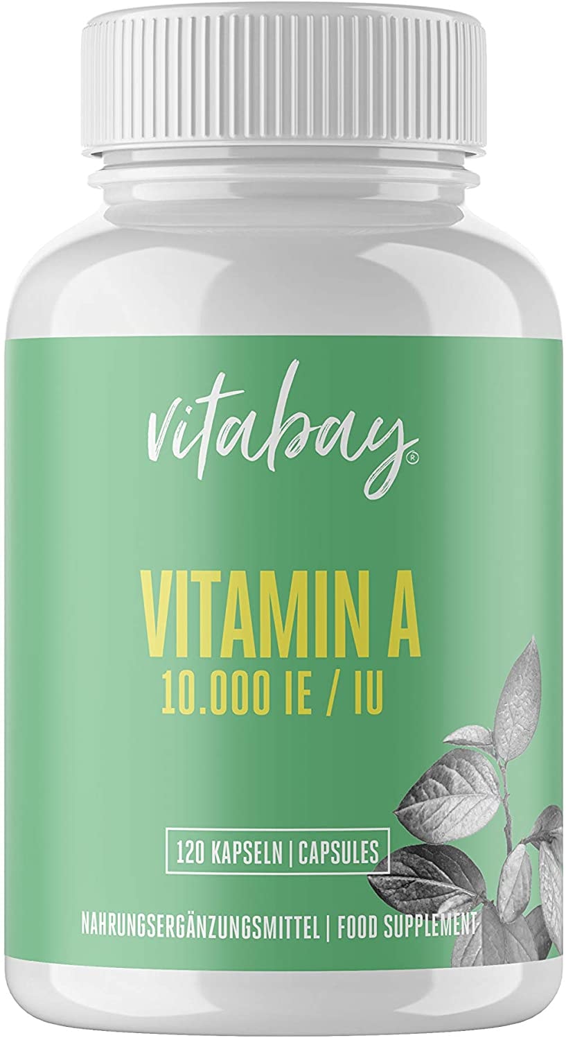 Produktbild von Vitabay Vitamin A 10.000 IE • 120 vegane Kapseln • Augenvitamine • Hochdosiert • Bioverfügbar • Frei von Laktose, Gluten und Gelatine • Made in Germany