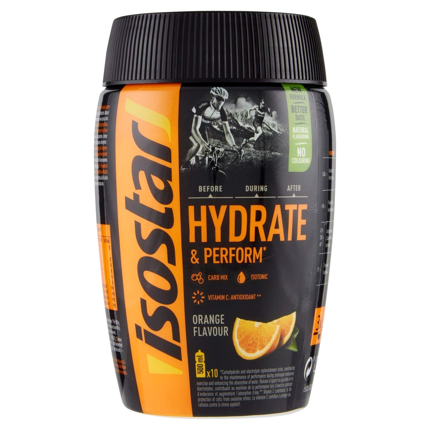 Produktbild von Bewertung Isostar Hydrate & Perform Iso Drink 400 g isotonisches Getränkepulver Elektrolyt Pulver zur Unterstützung der sportlichen Leistungsfähigkeit Orange