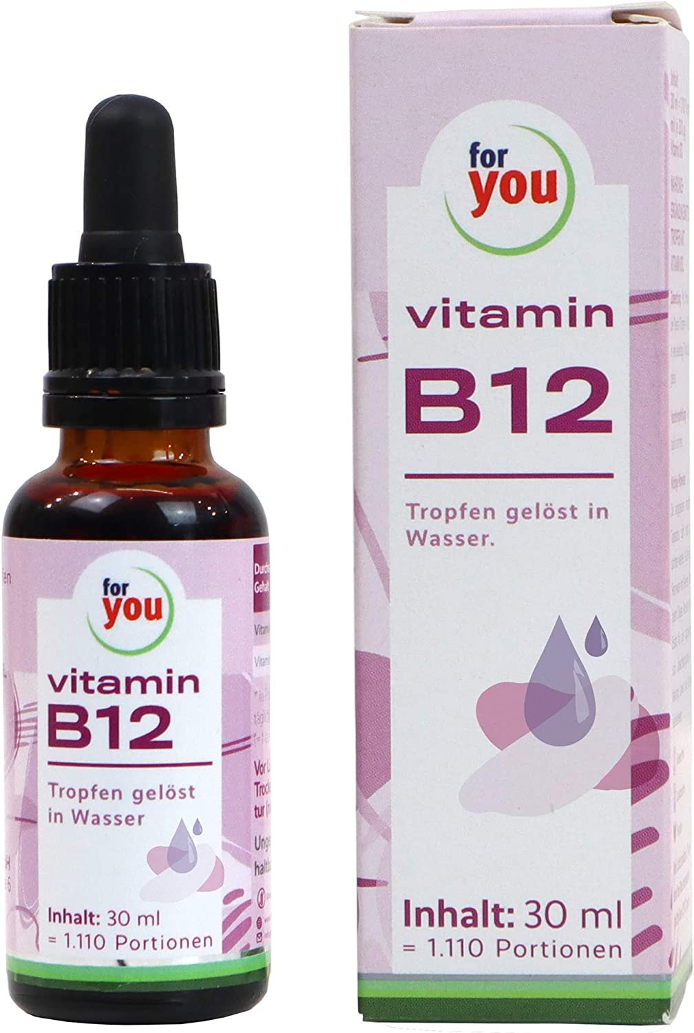Produktbild von Bewertung for you Vitamin B12 Tropfen Beide Aktivformen Methyl- & Adenosylcobalamin in Wasser gelöst ohne Alkohol 1Tropfen = 500µg Vitamin B12 30 ml 550 Tropfen frei von Zusatzstoffen