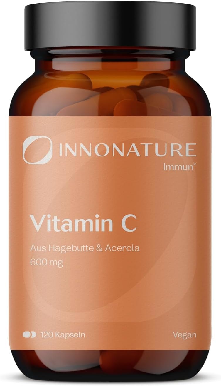Produktbild von Bewertung InnoNature natürliches Vitamin C aus Acerola-Extrakt und Hagebutte-Extrakt. Hochdosierte 600mg 120 Kapseln im 2 Monatsvorrat. Hohe Verwertbarkeit, vegan + hergestellt in DE.