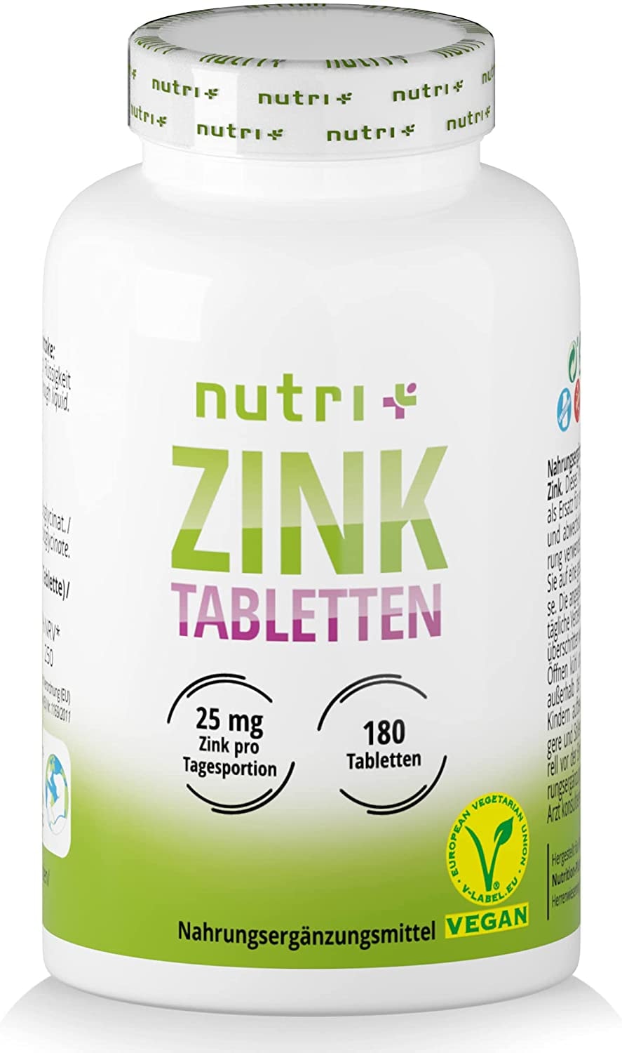Nutri + Zink Tabletten 25mg - vegan + hochdosiert - 180 Zinktabletten für Haut + Haare - Zinkbisglycinat ohne Zusatzstoffe/Magnesiumstearat - elementares Zinc Chelat