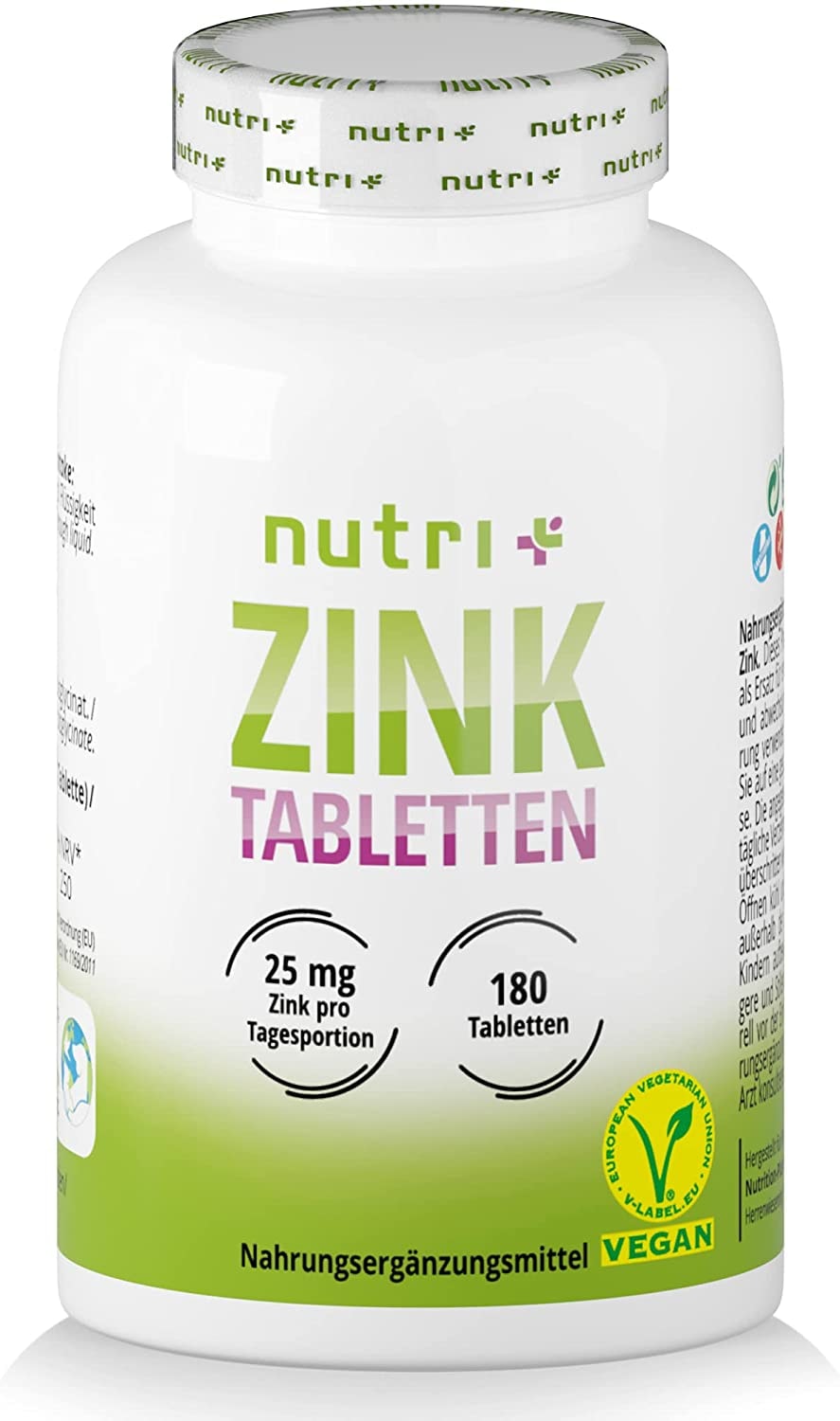 Produktbild von nutri + Zink Tabletten 25mg vegan hochdosiert 180 Zinktabletten für Haut Haare Zinkbisglycinat ohne Zusatzstoffe/Magnesiumstearat elementares Zinc Chelat