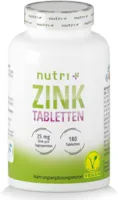 Produktbild von nutri + Zink Tabletten 25mg vegan hochdosiert 180 Zinktabletten für Haut Haare Zinkbisglycinat ohne Zusatzstoffe/Magnesiumstearat elementares Zinc Chelat