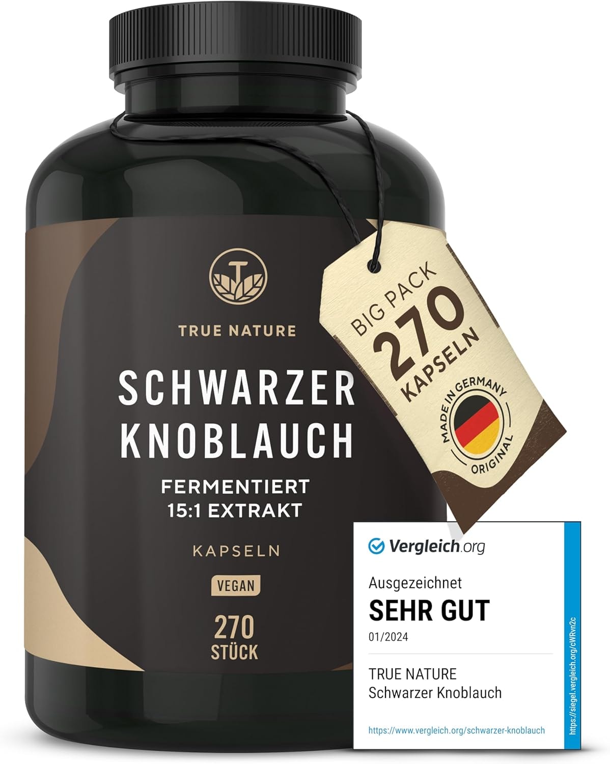 Produktbild von Bewertung TRUE NATURE Schwarzer Knoblauch Extrakt 270 Kapseln 750mg 1500mg pro Tag Polyphenole mit S-Allylcystein (SAC) fermentiert deutsche Produktion TRUE NATURE