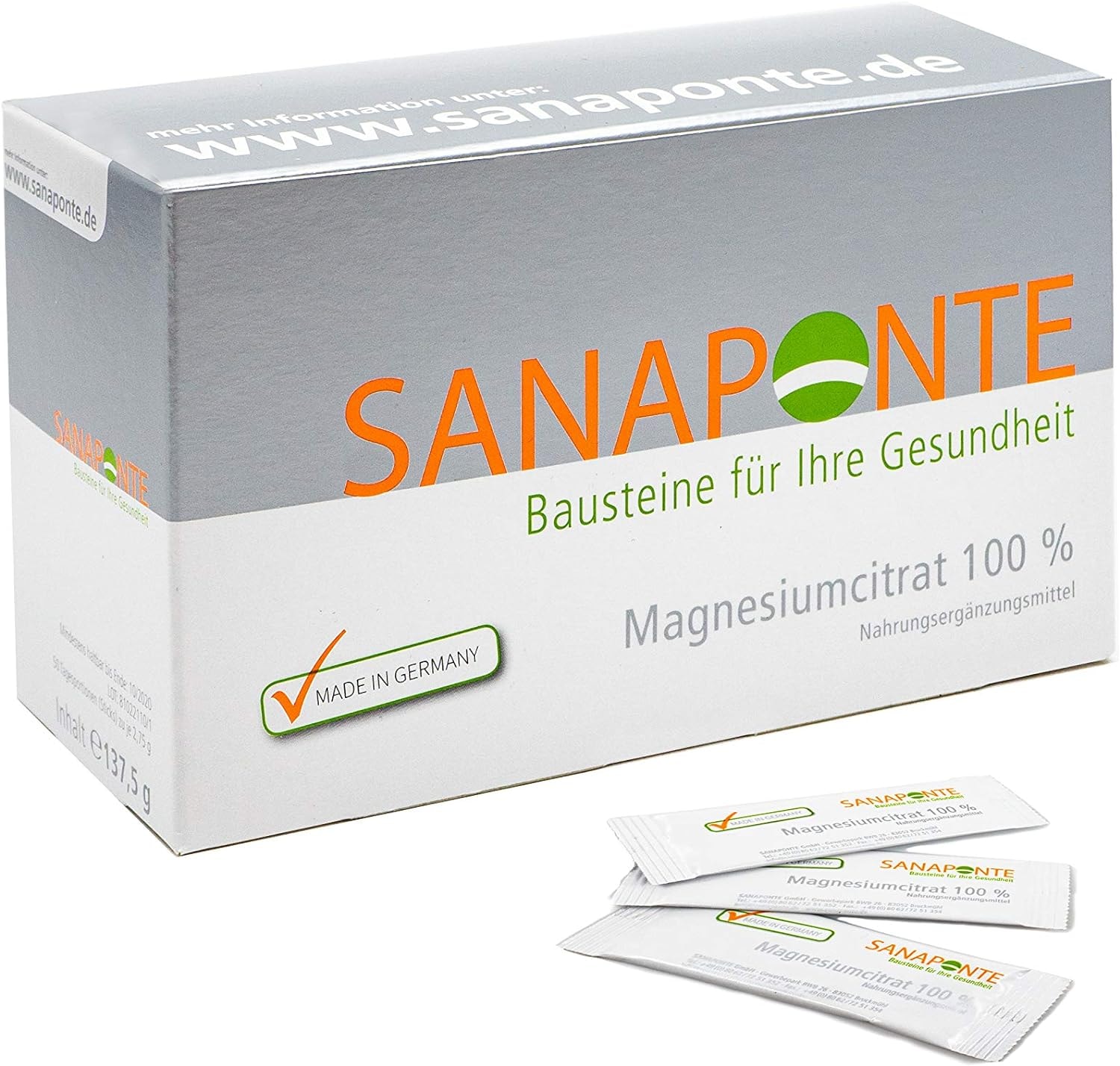 Produktbild von Bewertung SANAPONTE Magnesiumcitrat 100% 50 x 2,75 g Sticks  400mg reines Magnesium oHNE Süßungsmittel Hilfsstoffe und Zusatzstoffe Magnesium ist bekannt als Anti Stress Mineral hohe Bioverfügbarkeit