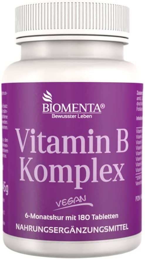 Produktbild von BIOMENTA Vitamin B Komplex – 8 essenzielle B Vitamine hochdosiert - 180 vegane Vitamin B Tabletten mir je 300% NRV für 6 Monate