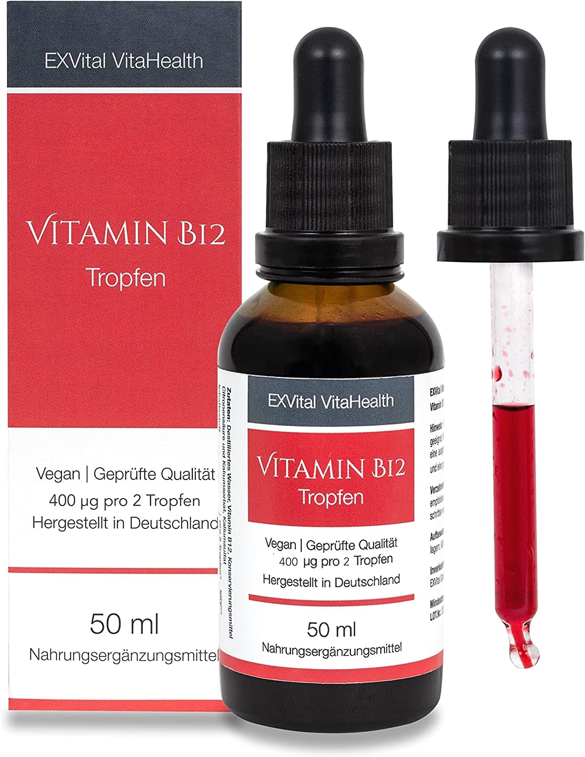 Produktbild von EXVital Vitamin B12 Methylcobalamin Tropfen hochdosiert von EXVital Vitahealth, 400 µg pro Tagesportion, 1.250 Tropfen in 50ml