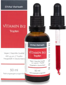 Produktbild von EXVital Vitamin B12 Methylcobalamin Tropfen hochdosiert von EXVital Vitahealth, 400 µg pro Tagesportion, 1.250 Tropfen in 50ml