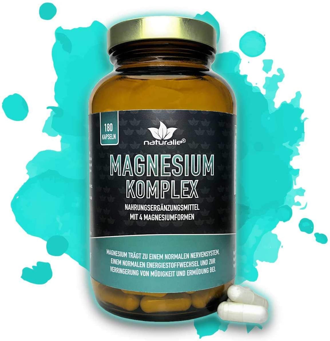 Produktbild von naturalie - Magnesium Kapseln im Komplex | 4 bioverfügbare Magnesiumformen | 280 mg elementares Magnesium | 180 Kapseln ohne unnötige Zusatzstoffe | laborgeprüfte Qualität im Braunglas