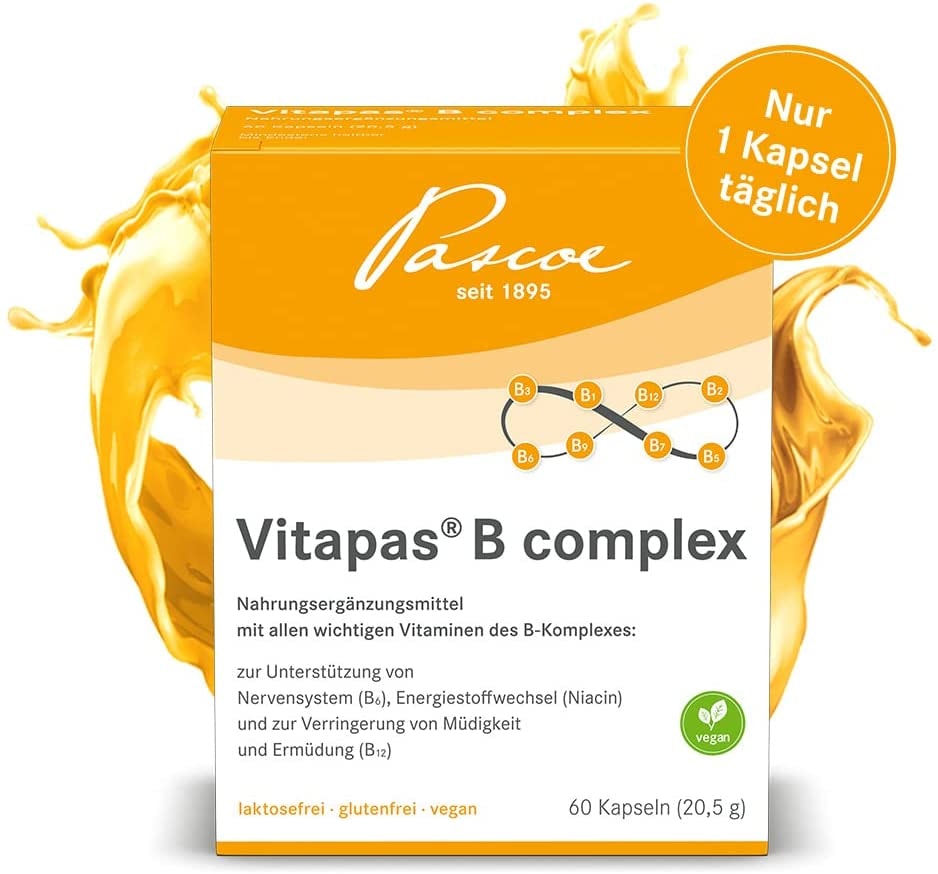 Produktbild von Pascoe Vitamin B: Pascoe Vitapas B complex: Vitamin- B- Komplex mit allen wichtigen B-Vitaminen (B1, B2, B3, B5, B6, B12) und Folsäure - Energie & starke Nerven - vegan, laktose- & glutenfrei - 60 Kapseln