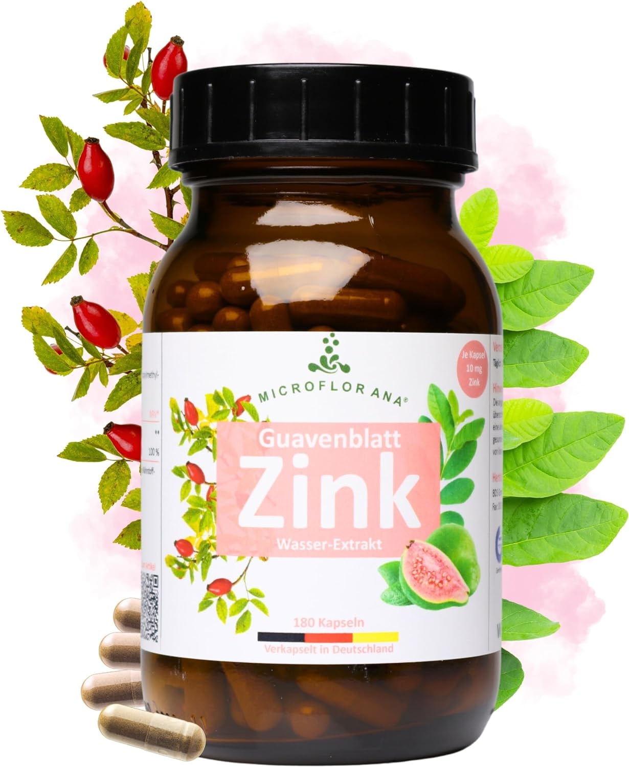 Produktbild von Bewertung MICROFLORANA natürliches Guavenblatt Zink mit Hagebuttenextrakt 180 Kapseln 6 Monate Vorrat 10 mg natürliches Zink aus Guavenblatt je Kapsel laborgeprüft pflanzliches Zink ohne Zusätze im Braunglas