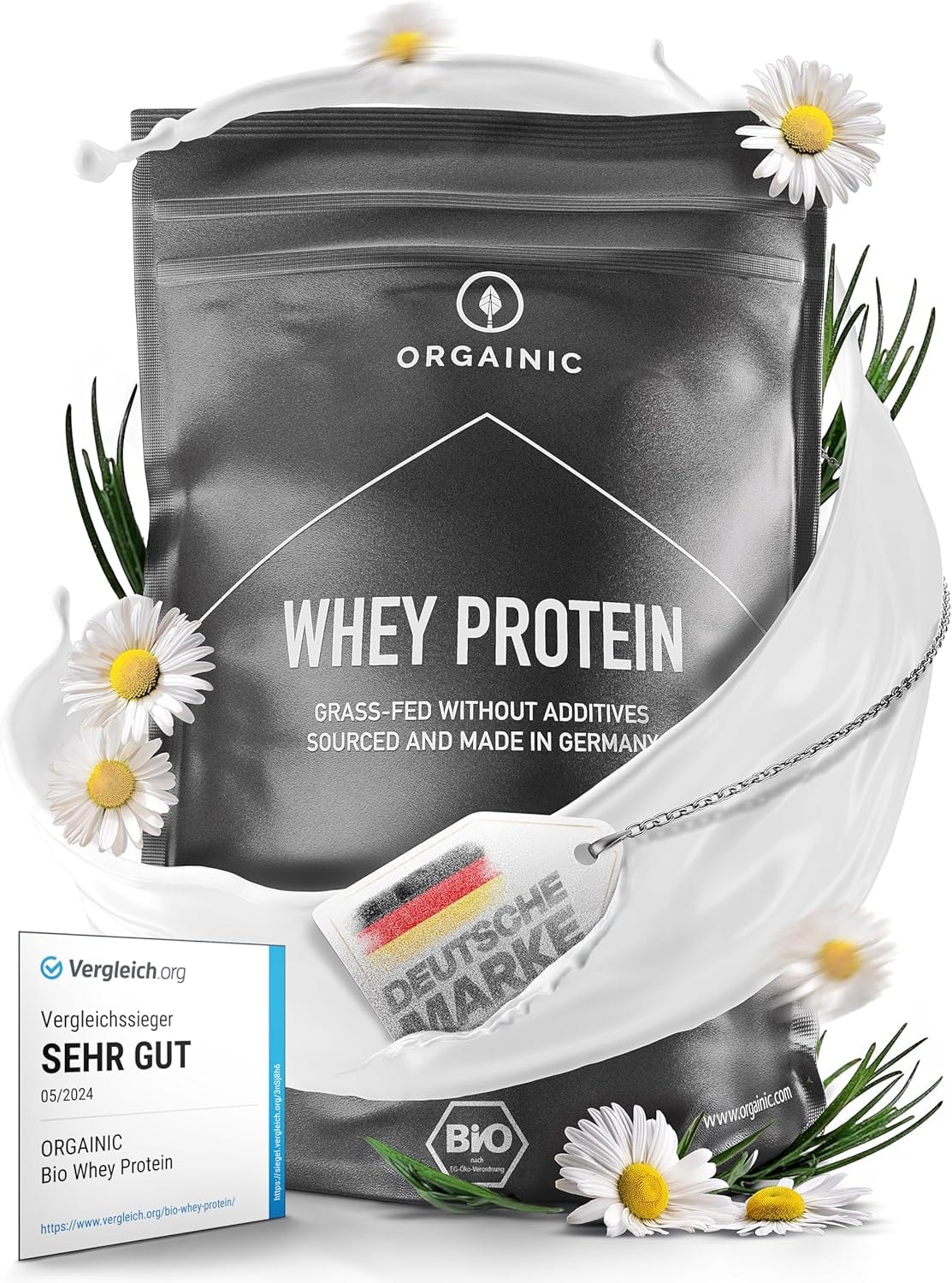 Produktbild von Bewertung ORGAINIC Bio Natural Whey Protein Bio Zertifiziert ohne Zusatzstoffe Eiweißpulver aus Deutschland aus Grasfütterung mit 1000g Protein Pulver