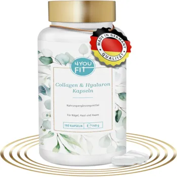 4YOU FIT - Kollagen Hyaluronsäure Kapseln hochdosiert 500-700kDa - 180 Stück Collagen-1000mg Hyaluron-200mg Bambusextrakt, Vitamin C, Zink, für gesunde Haare, Haut & Nägel, Laborgeprüft, ohne Zusatzstoffe
