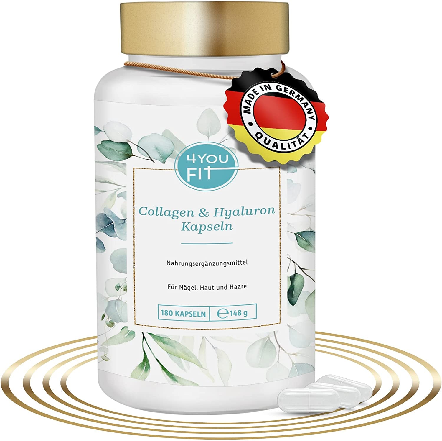 Produktbild von Bewertung 4YOU FIT Kollagen Hyaluronsäure Kapseln hochdosiert 500-700kDa 180 Stück Collagen 1000mg Hyaluron 200mg Bambusextrakt, Vitamin C, Zink, für gesunde Haare, Haut & Nägel, Laborgeprüft, ohne Zusatzstoffe