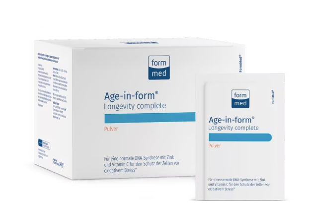Produktbild von Bewertung FormMed Age-in-form Longevity AntiAging complete Pulver Zink Vitamin C DNA-Synthese Zellteilung Energie Schutz vor oxidativem Stress Artikel-Nr. 2000.1685