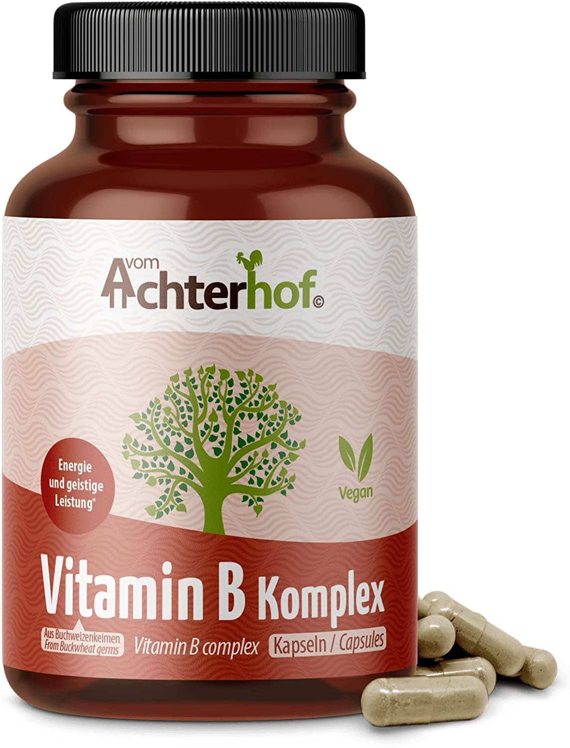 Produktbild von Achterhof Vitamin B Komplex Pflanzlich 150 Kapseln | Hochkonzentrierter Vitamin B Komplex mit hoher Bioverfügbarkeit | aus 8 verschiedenen Vitaminen | auf Basis von Buchweizen | vegan | vom Achterhof