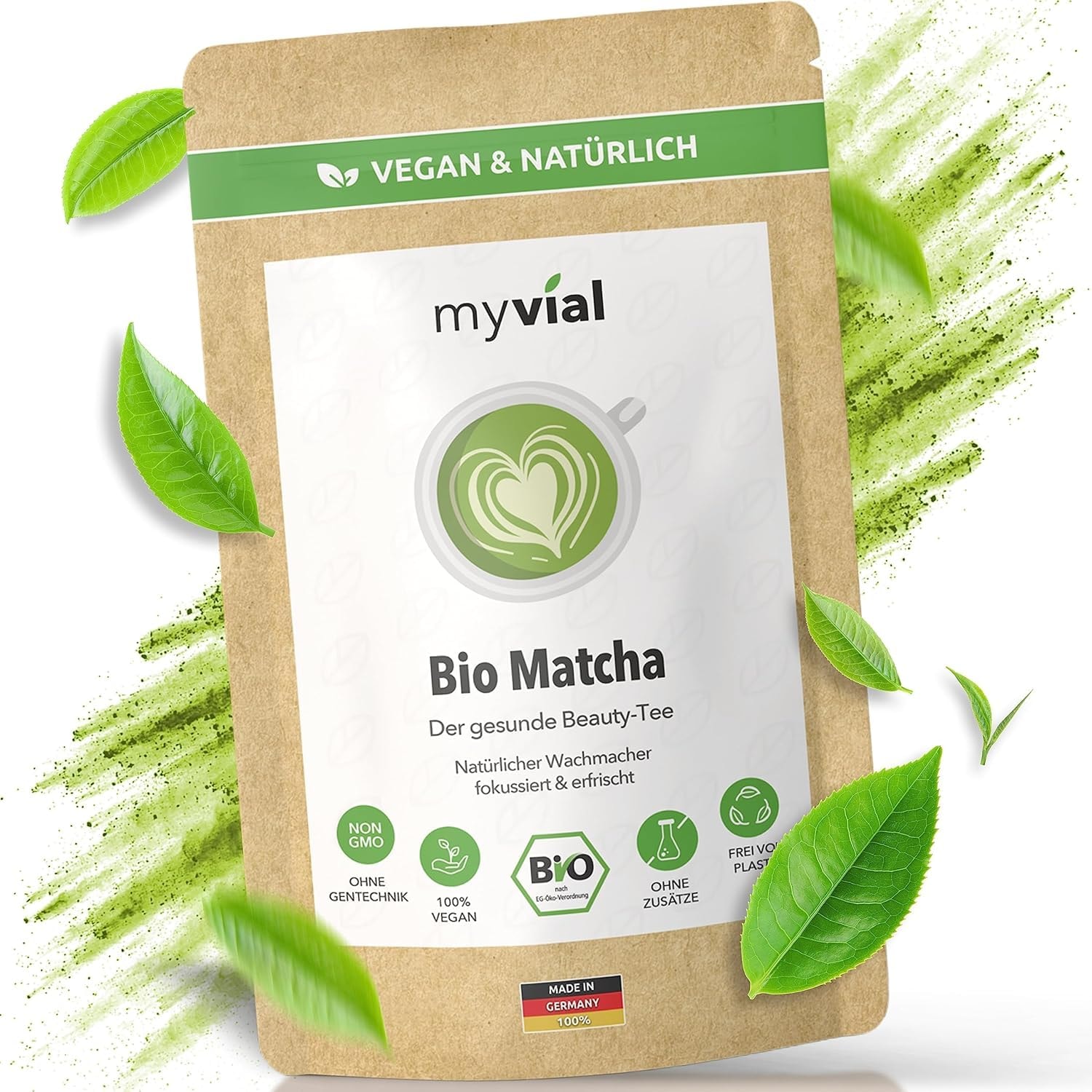 Produktbild von Bewertung myvial Bio Matcha Grün Tee Pulver 100g Grüner Tee in bester Qualität aus Japan (Kagoshima) Perfekt für Smoothie Matcha Latte Japanischer Grüntee vegan ohne Zusätze plastikfrei verpackt