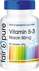 Produktbild von Fair & Pure Vitamin B3 Tabletten Niacin 50mg als Nicotinamid flush-free vegan ohne Magnesiumstearat 90 Niacin-Tabletten