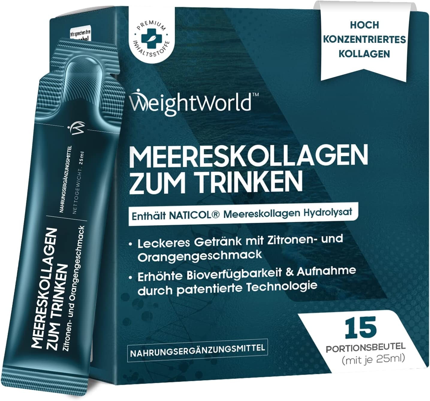 Produktbild von Bewertung WeightWorld Kollagen Trinkampullen 5000mg 15 Sticks mit Kollagen Hydrolysat Typ 1 mit Vitamin C, B6 & Coenzym Q10 - NATICOL Meereskollagen Trinken für Haut, Haare, Knochen & Nägel - Collagen Drink - WeightWorld