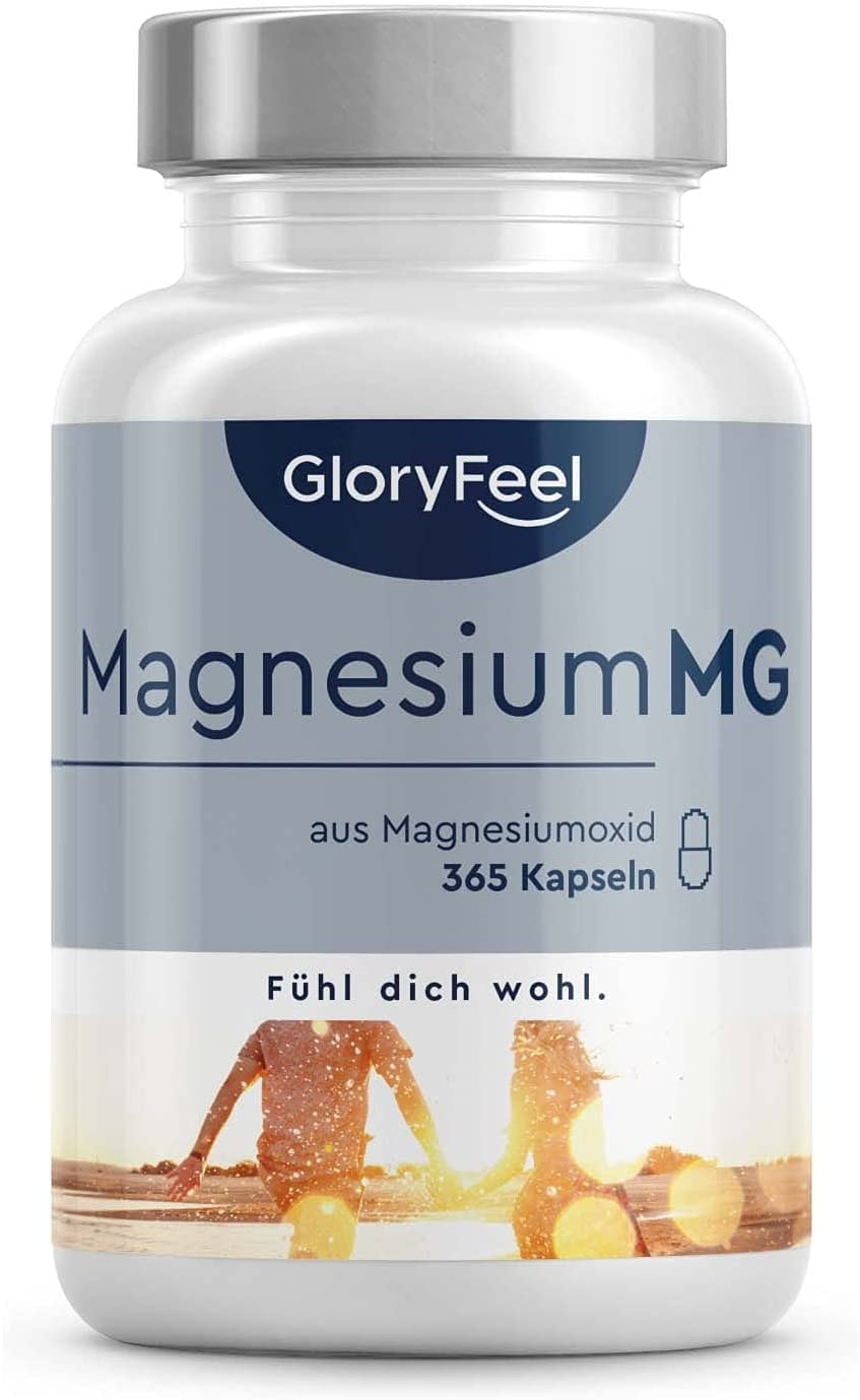 Produktbild von GloryFeel Magnesium 365 Kapseln 1 Jahr 667mg, davon 400mg elementares (reines) Magnesium pro Kapsel - Vegan & Hochdosiert - Laborgeprüft ohne Zusätze in Deutschland hergestellt