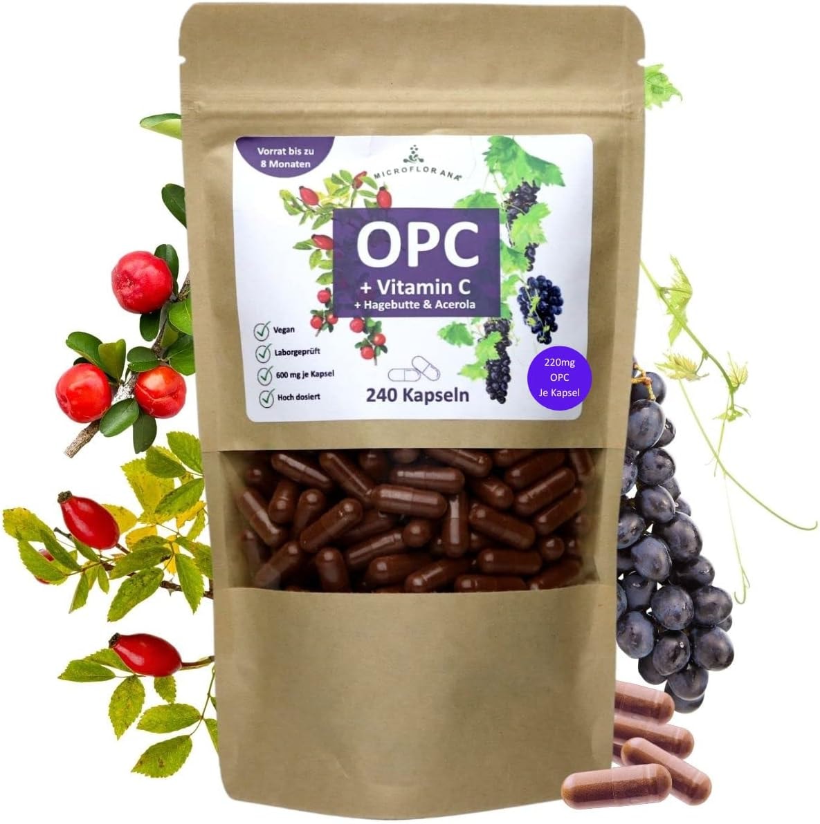 Produktbild von Bewertung Microflorana OPC Traubenkernextrakt Vitamin C 240 vegane Kapseln 220 mg reines OPC je Tagesportion 8 Monate Vorrat laborgeprüftes OPC mit Hagebutte und Acerola in Deutschland verkapselt