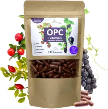 Produktbild von Bewertung Microflorana OPC Traubenkernextrakt Vitamin C 240 vegane Kapseln 220 mg reines OPC je Tagesportion 8 Monate Vorrat laborgeprüftes OPC mit Hagebutte und Acerola in Deutschland verkapselt