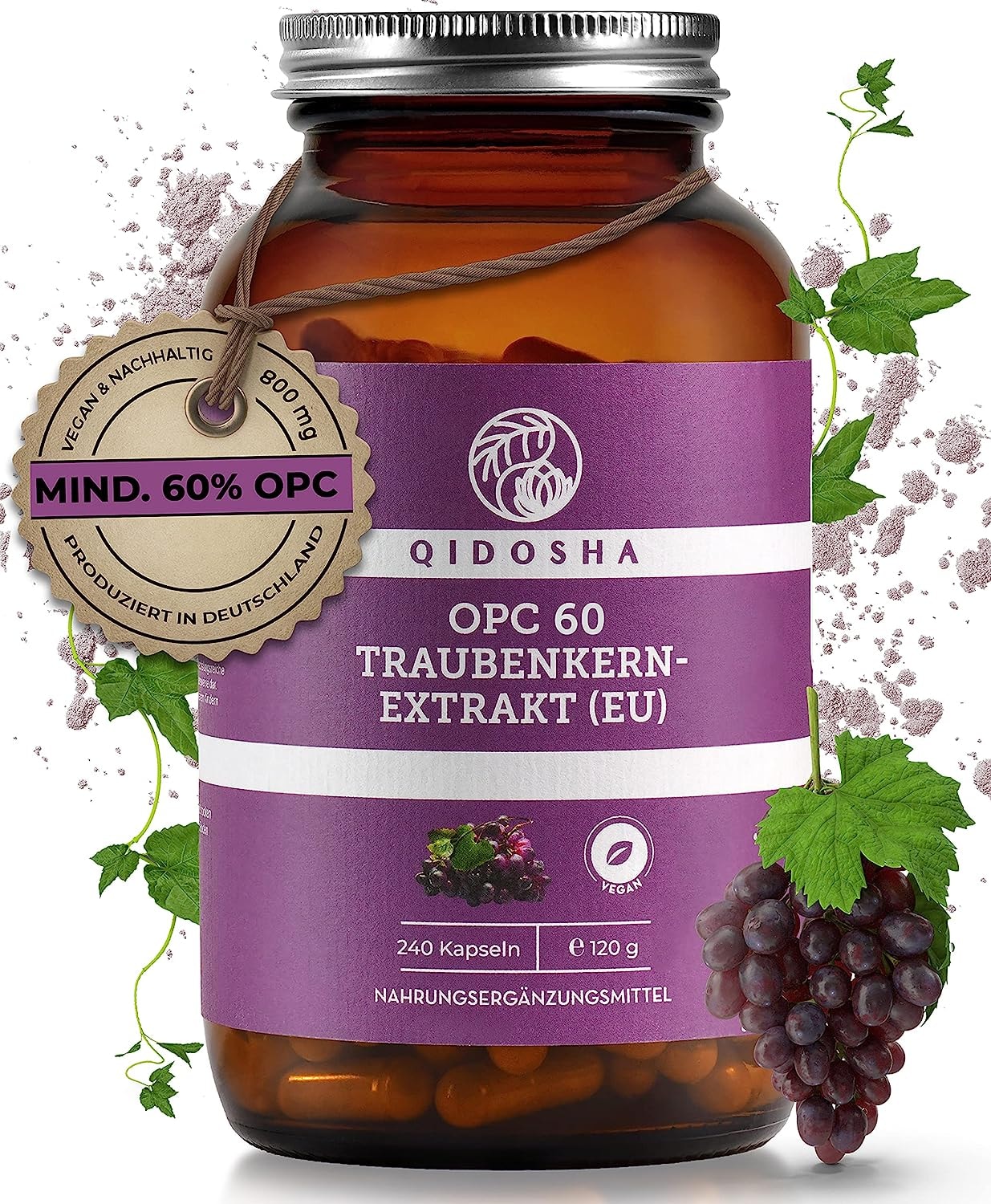 QIDOSHA® Premium OPC Traubenkernextrakt hochdosiert 240 Stk im Glas OPC Kapseln hochdosiert mit 60% reinem OPC I 800mg Traubenkernextrakt mit 480mg OPC je Tagesdosis I vegan, laborgeprueft