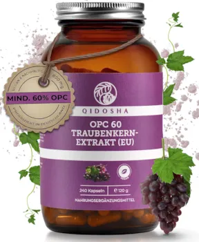 Produktbild von Bewertung QIDOSHA Premium OPC Traubenkernextrakt hochdosiert 240 Stk im Glas OPC Kapseln hochdosiert mit 60% reinem OPC 800mg Traubenkernextrakt mit 480mg OPC je Tagesdosis vegan, laborgeprueft