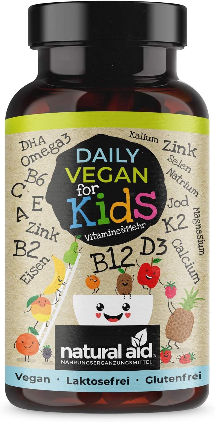 Produktbild von natural aid Daily Vegan for Kids Multivitamin Vitamine & mehr mit B12 + D3 + K2 + Omega3 + B2 + B6 + A + C + E + Calcium + Magnesium + Eisen + Zink + Kalium + Jod + Natrium + Selen - 120 Kapseln (4 Monats-Vorrat)