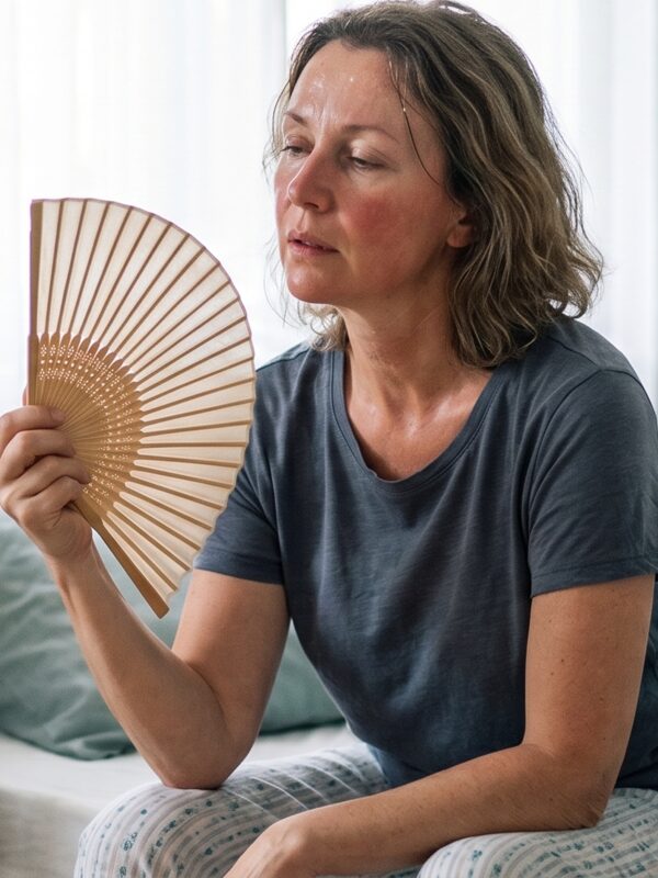 Frau f&auml;chelt sich bei einer Hitzewallung Luft zu